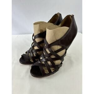 LAMB L.A.M.B Platform Heels Brown Leather 8.5 M Strappy Open Toe Zip